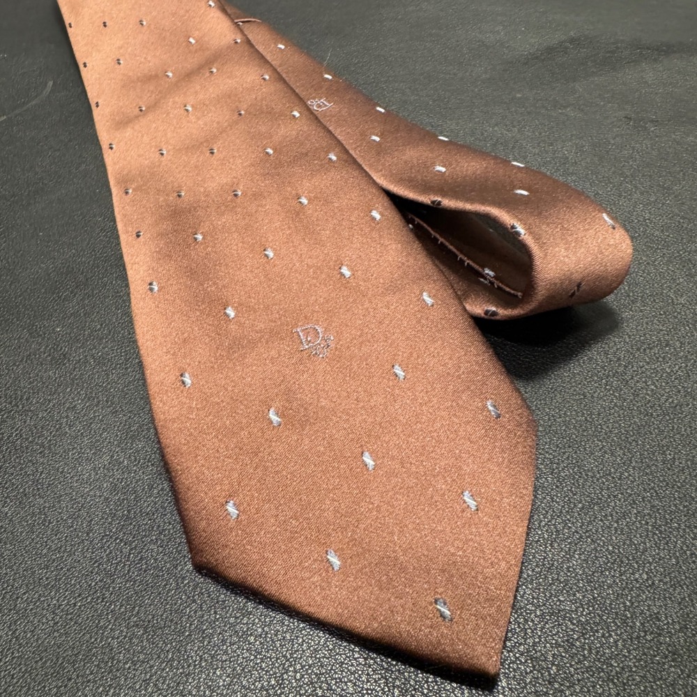 Christian Dior Tie Brown Geometric Silk Monogram Logo Luxury Designer Business